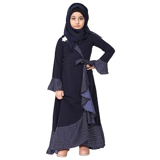 Designer abaya with Polka dotted frills for kids- Navy Blue